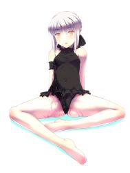 Rule 34 | 1girl, artoria pendragon (all), artoria pendragon (fate), bad id, bad pixiv id, bare shoulders, barefoot, blush, bow, braid, cameltoe, covered erect nipples, fate/stay night, fate/zero, fate (series), feet, frills, full body, hair bow, highres, inuga anahoru, leotard, long legs, looking at viewer, navel, official alternate costume, open mouth, pussy juice, saber (fate), saber alter, short hair, silver hair, simple background, sitting, solo, swimsuit, toes, type-moon, wet, wet clothes, white background, yellow eyes
