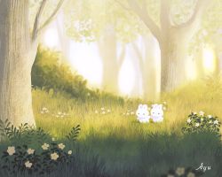 Rule 34 | artist name, ayu (mog), rabbit, commentary, english commentary, flower, forest, grass, holding hands, nature, no humans, original, scenery, sunlight, tree, walking