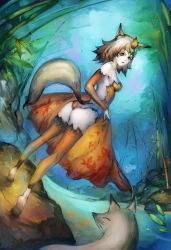 Rule 34 | animal ears, ass, breasts, cleavage, fox, fox ears, fox tail, highres, leaf, monster girl, narongchai singhapand, tail