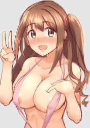 Rule 34 | 10s, 1girl, areola slip, bare shoulders, blush, breasts, brown eyes, cleavage, collarbone, commentary request, grey background, hand on own chest, hand up, idolmaster, idolmaster cinderella girls, large breasts, long hair, looking at viewer, one-piece swimsuit, open mouth, pink one-piece swimsuit, pink slingshot swimsuit, shimamura uzuki, side ponytail, simple background, sketch, slingshot swimsuit, smile, solo, suzutarou gunsou, swept bangs, swimsuit, v