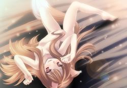 Rule 34 | 00s, 1girl, :d, animal ears, barefoot, bed, breasts, brown hair, censored, convenient censoring, fang, feet, from above, glowing, groin, hair censor, hair over breasts, holo, legs, lens flare, long hair, lying, namamo nanase, naughty face, nude, on back, open mouth, pink eyes, smile, soles, solo, spice and wolf, spread legs, tail, very long hair, wolf ears, wolf tail