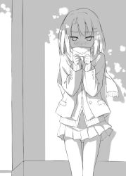 Rule 34 | 1girl, bad id, bad twitter id, blazer, blush, cardigan, covered mouth, covering own mouth, embarrassed, greyscale, hair ornament, hairclip, jacket, kinta (distortion), legs together, letter, love letter, monochrome, nose blush, original, outdoors, pleated skirt, school uniform, shade, short hair, sketch, skirt, solo, standing, tree shade