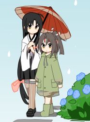 Rule 34 | 2girls, absurdres, ahoge, black hair, black skirt, blue background, boots, brown eyes, brown hair, coat, flower, green coat, green footwear, hachimaki, headband, high ponytail, highres, hinata hibari, holding, holding umbrella, hydrangea, japanese clothes, kantai collection, long hair, looking at another, looking at viewer, low-tied long hair, multiple girls, oil-paper umbrella, pleated skirt, raincoat, rubber boots, shouhou (kancolle), simple background, skirt, thighhighs, umbrella, very long hair, zettai ryouiki, zuihou (kancolle)