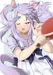 Rule 34 | 1girl, absurdres, animal ears, blush, commentary request, eraser, failure, forehead, highres, horse ears, horse girl, horse tail, looking at viewer, mejiro mcqueen (umamusume), motion blur, open mouth, paddle, purple eyes, school uniform, simple background, solo, table tennis paddle, tail, tracen school uniform, twitter username, umamusume, white background, wince, yamano rokamizu