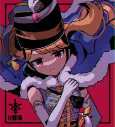 Rule 34 | 1girl, barcode, black border, black headwear, blue cape, blue shirt, border, bow, busby cap, cape, chromatic aberration, closed mouth, commentary, elbow gloves, fur-trimmed cape, fur trim, gloves, grey bow, hand on own hip, hand up, highres, kirari hikaru, long hair, looking at viewer, magia record: mahou shoujo madoka magica gaiden, magical girl, mahou shoujo madoka magica, outside border, pink gemstone, ponytail, red background, red eyes, shirt, simple background, sleeveless, sleeveless shirt, solo, swept bangs, sword, symbol-only commentary, takenoko mgrc, tassel, twitter username, upper body, v-shaped eyebrows, weapon, white gloves