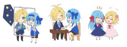 Rule 34 | 1boy, 2girls, ^ ^, ahoge, ascot, bare shoulders, black footwear, black pants, blazer, blonde hair, blue bow, blue eyes, blue footwear, blue hair, blue jacket, blue ribbon, blue shirt, blush stickers, book, bow, brown shorts, c:, cake, cake slice, chibi, choker, claire elford, claire elford (past), closed eyes, collared shirt, dress, flower, food, fork, frilled dress, frills, hair between eyes, hair bow, hair flower, hair intakes, hair ornament, hair over one eye, hair ribbon, hand on table, holding, holding book, holding fork, jacket, long hair, long sleeves, looking outside, moon-realm, multiple girls, noel levine, noel levine (past), open mouth, own hands together, pants, pink dress, pink flower, pink footwear, plate, puffy long sleeves, puffy sleeves, red ascot, red choker, red footwear, red ribbon, ribbon, shirt, short hair, shorts, simple background, sleeveless, sleeveless shirt, smile, star (symbol), table, teeth, upper teeth only, white background, white shirt, window, witch&#039;s heart