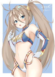 Rule 34 | 1girl, :o, armpits, bare hips, bare shoulders, bikini, blue background, blue bikini, blue eyes, blush, bradamante (fate), bradamante (third ascension) (fate), braid, breasts, brown hair, cowboy shot, dated, detached collar, elbow gloves, fate/grand order, fate (series), gauntlets, gloves, gold trim, hair between eyes, hair ornament, hand up, highleg, highleg bikini, lifted by self, long hair, looking at viewer, medium breasts, navel, parted lips, sidelocks, signature, solo, standing, stomach, strap lift, swimsuit, twintails, twitter username, two-tone background, unel, very long hair, white background, white gloves