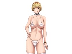 Rule 34 | 10s, 1girl, bare shoulders, bikini, blonde hair, blue eyes, breasts, choker, collarbone, cross, cross necklace, female focus, frilled bikini, frilled choker, frills, game cg, gluteal fold, hairband, hand on own hip, jewelry, large breasts, legs, looking at viewer, mamiya marisa, micro bikini, navel, necklace, sei shoujo, short hair, solo, standing, starless, swimsuit, thighs, transparent background, white background, white legwear, will (company)