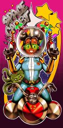Rule 34 | 1girl, absurdres, alien, arung samudra (cessa), belt, black hair, bodysuit, breasts, cessa, dark-skinned female, dark skin, double bun, energy gun, english text, fishbowl helmet, gradient background, hair bun, halftone, halftone background, hands up, helmet, highres, large breasts, ombok diving and delivery services, parted lips, pink background, ray gun, smile, solo, space helmet, spacesuit, star (symbol), weapon