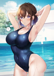 Rule 34 | 1girl, ?, arched back, armpits, arms up, bare arms, bare shoulders, blue eyes, blue one-piece swimsuit, blush, breasts, brown hair, cleavage, competition school swimsuit, highres, large breasts, looking at viewer, medium hair, one-piece swimsuit, original, outdoors, parted lips, pool, school swimsuit, shiro kuma shake, solo, swimsuit, water, wet