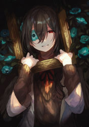 Rule 34 | 1boy, absurdres, bishounen, black background, black hair, black ribbon, blue flower, brown sweater, camellia, canarinu, dot nose, eyelashes, eyes visible through hair, flower, flower over eye, framed, hair between eyes, half-closed eyes, highres, holding, holding frame, leaf, light particles, light smile, long hair, long sleeves, looking at viewer, male focus, one eye covered, original, pale skin, parted lips, picture frame, red eyes, ribbon, simple background, smile, sweater, sweater vest, symbol in eye, upper body, vest