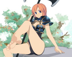 Rule 34 | 1girl, armor, armored dress, axe, barefoot, battle axe, black panties, blue dress, blue eyes, brown hair, copyright request, dress, feet, forgotten artist, full body, holding, holding weapon, leg up, legs, looking at viewer, orange hair, panties, polearm, ryman, short hair, shoulder pads, simple background, sitting, soles, solo, thighs, toes, underwear, weapon