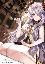 Rule 34 | 1girl, blush, breasts, cleavage, closed mouth, collared dress, commentary request, curled horns, draph, dress, dutch angle, granblue fantasy, hair ornament, hair over one eye, hand up, highres, holding, horns, indoors, lap pillow invitation, large breasts, long hair, lunacats, mimikaki, narmaya (granblue fantasy), patting lap, pixiv id, purple eyes, purple hair, sitting, smile, solo, twitter username, very long hair, wariza, white dress