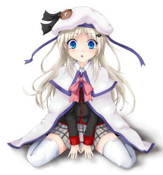 Rule 34 | 1girl, amabato, blue eyes, bow, cape, hat, little busters!, long hair, noumi kudryavka, pink bow, plaid, plaid skirt, school uniform, silver hair, simple background, skirt, solo, thighhighs, white background