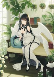 Rule 34 | 1girl, angel wings, armpit crease, bare shoulders, black footwear, black hair, book, book stack, breasts, cleavage, couch, detached sleeves, dress, feathered wings, flower, grey eyes, high heels, highres, indoors, juliet sleeves, large breasts, lily (flower), long dress, long hair, long sleeves, looking at viewer, mole, mole under eye, on couch, original, pillow, plant, potted plant, puffy sleeves, shelf, sidelocks, sitting, smile, socks, solo, white dress, white flower, white socks, wide sleeves, window, window shadow, wings, yashiro seika