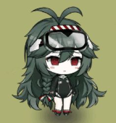 Rule 34 | 1girl, animated, animated gif, antenna hair, azur lane, blush stickers, bodysuit, braid, chibi, covered navel, dark green hair, diving mask, diving mask on head, diving suit, floating hair, full body, goggles, goggles on head, green hair, groin, hair between eyes, long hair, looking to the side, lowres, official art, one-piece swimsuit, red eyes, sidelocks, simple background, skindentation, solo, standing, swimsuit, torricelli (azur lane), very long hair, wetsuit