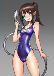 Rule 34 | 1girl, bad id, bad pixiv id, brown hair, cameltoe, green eyes, guodu jiang, hose, long hair, one-piece swimsuit, original, school swimsuit, shower head, solo, swimsuit