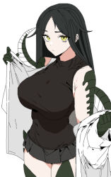 Rule 34 | 1girl, absurdres, black hair, breasts, highres, large breasts, lizard tail, long hair, looking at viewer, monster girl, reptile girl, reptilia queen, scales, scp-682, scp foundation, skirt, solo, tail, white background, yellow eyes