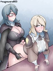 Rule 34 | 2girls, all fours, ass, blonde hair, blue hair, breasts, buttjob, byleth (female) (fire emblem), byleth (fire emblem), clothed sex, dark blue hair, fire emblem, fire emblem: three houses, fire emblem warriors, fire emblem warriors: three hopes, futa with female, futanari, glasses, grabbing, grabbing from behind, heart, heart-shaped pupils, highres, huge breasts, imminent penetration, lactation, lactation through clothes, long hair, mercedes von martritz, multiple girls, nintendo, open clothes, smile, sugawara, symbol-shaped pupils, table, thick thighs, thighs, tongue, tongue out