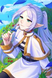 Rule 34 | 1girl, belt, belt buckle, black belt, black pantyhose, blue flower, blue sky, buckle, caminukai, capelet, closed mouth, cloud, commentary, earrings, elf, english commentary, field, flower, flower field, frieren, gold trim, grass, green eyes, highres, holding, holding flower, jewelry, long hair, long sleeves, looking up, outdoors, pantyhose, parted bangs, petals, pointy ears, red flower, shirt, sitting, skirt, sky, smile, solo, sousou no frieren, twintails, very long hair, white capelet, white hair, white shirt, white skirt