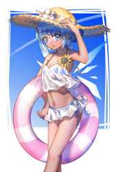 Rule 34 | 1girl, :d, arm up, bare arms, bare legs, bare shoulders, bikini, bikini skirt, blue background, blue bow, blue eyes, blue hair, blue sky, blush, bow, breasts, cirno, cleavage, collarbone, commentary request, contrail, cowboy shot, crop top, day, flower, fox (770205490), frilled bikini, frills, hair bow, hand on headwear, hat, hat flower, hidden star in four seasons, highres, holding, ice, ice wings, innertube, looking at viewer, medium breasts, navel, nose blush, open mouth, outdoors, shiny skin, shirt, short hair, sky, smile, solo, standing, stomach, straw hat, sunflower, swim ring, swimsuit, tan, tanned cirno, touhou, white background, white bikini, white flower, white shirt, wings