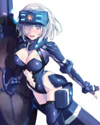 Rule 34 | 1girl, :d, adapted costume, armor, blush, boots, breasts, cleavage, clothing cutout, commentary request, fate/grand order, fate (series), fingerless gloves, gloves, groin, hair over one eye, highres, holding, holding shield, large breasts, leotard, looking at viewer, mash kyrielight, mash kyrielight (ortenaus), midriff, navel, navel cutout, nenchi, open mouth, purple footwear, purple gloves, purple leotard, red eyes, shield, shiny skin, short hair, silver hair, simple background, smile, solo, standing, thigh boots, thighhighs, white background