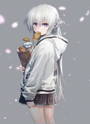 Rule 34 | 1girl, bag, braid, commentary request, food, food in mouth, frilled skirt, frills, grey background, grey skirt, hair between eyes, holding, holding bag, hood, hood down, hooded jacket, jacket, kurono mitsuki, long hair, long sleeves, looking at viewer, looking to the side, mouth hold, paper bag, plaid, plaid skirt, pleated skirt, puffy long sleeves, puffy sleeves, purple eyes, re:lief ~shin&#039;ai naru anata e~, silver hair, skirt, sleeves past wrists, solo, taiyaki, very long hair, wagashi, white jacket