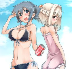 Rule 34 | 2girls, bikini, blonde hair, blue eyes, blue hair, breasts, brown eyes, can, casual one-piece swimsuit, cleavage, coca-cola, drink can, half updo, hidamari sketch, kagami uekusa, large breasts, multiple girls, nazuna (hidamari sketch), nori (hidamari sketch), one-piece swimsuit, short hair, small breasts, soda can, swimsuit, twintails