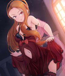 Rule 34 | 1girl, artist request, black hairband, blush, bow, breasts, brown hair, cleavage, closed mouth, clothes lift, clothing cutout, cowboy shot, dress, dress lift, floating hair, frilled dress, frills, hairband, idolmaster, idolmaster (classic), lifted by self, loeldrive, long hair, looking at viewer, midriff, minase iori, navel, night, outdoors, red bow, red dress, red eyes, sash, see-through, short dress, sleeveless, sleeveless dress, small breasts, smile, solo, standing, stomach, stomach cutout, thigh strap, transparent