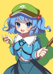 Rule 34 | 1girl, :d, backpack, bag, blue eyes, blue hair, blue skirt, e sdss, frilled shirt collar, frills, green hat, hair bobbles, hair ornament, hat, highres, holding, kawashiro nitori, key, long sleeves, open mouth, shirt, skirt, smile, solo, touhou, two side up, yellow background