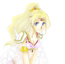 Rule 34 | 1990s (style), 1girl, armlet, blonde hair, blue eyes, breasts, brooch, collarbone, female focus, final fantasy, final fantasy iv, gem, hair ornament, headpiece, jewelry, long hair, looking at viewer, lowres, ponytail, retro artstyle, rosa farrell, shoulder pads, simple background, solo, soragoto, tiara, upper body