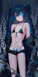 Rule 34 | 1girl, absurdres, bare legs, belt, belt buckle, bikini, bikini top only, black bikini, black choker, black ribbon, black rock shooter, black rock shooter (character), black shorts, blue eyes, blue hair, blurry, blurry foreground, breasts, buckle, chain, choker, cleavage, collarbone, eyebrows hidden by hair, flaming eye, front-tie bikini top, front-tie top, groin, hair between eyes, highres, kaze 22, long hair, looking at viewer, micro shorts, navel, parted lips, ribbon, scar, shorts, sideboob, small breasts, solo, standing, swimsuit, twintails, underboob, very long hair, white belt