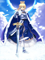 Rule 34 | 1girl, ahoge, armor, armored boots, armored dress, artoria pendragon (all), artoria pendragon (fate), blonde hair, blue cape, blue dress, boots, breastplate, cape, crown, dress, fate/stay night, fate (series), floating hair, full body, fur-trimmed cape, fur trim, gauntlets, green eyes, hair between eyes, hand on hilt, hatsusora sakuta, highres, looking at viewer, petals, saber (fate), solo, standing, v-shaped eyebrows