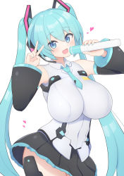 Rule 34 | 1girl, alternate breast size, black skirt, blue eyes, blue hair, blue nails, blue necktie, blush, breasts, collared shirt, covered navel, detached sleeves, doll joints, frame arms girl, hatsune miku, head tilt, headset, heart, highres, holding, holding microphone, joints, large breasts, looking at viewer, microphone, nail polish, necktie, shirt, skirt, subten, twintails, v, vocaloid, white shirt