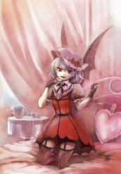 Rule 34 | 1girl, alternate costume, bad id, bad pixiv id, bat wings, bed, black thighhighs, canopy bed, cup, female focus, fingerless gloves, gloves, hat, idolmaster, looking at viewer, my dear vampire, red eyes, remilia scarlet, smile, solo, teacup, teapot, thighhighs, touhou, vampire, wings, yuki (popopo)