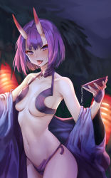 Rule 34 | 1girl, absurdres, alcohol, alternate breast size, bare shoulders, bob cut, breasts, bridal gauntlets, collarbone, cup, eyeliner, fang, fate/grand order, fate (series), highres, holding, holding cup, horns, japanese clothes, kimono, lantern, long sleeves, looking at viewer, makeup, medium breasts, navel, off shoulder, oni, open clothes, open kimono, open mouth, paper lantern, purple eyes, purple hair, purple kimono, rable, revealing clothes, sakazuki, sake, short hair, shuten douji (fate), skin-covered horns, smile, solo, spilling, thick eyebrows, tongue, tongue out, v-shaped eyebrows, wide sleeves