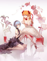 Rule 34 | 2girls, alternate costume, ask (askzy), ayanami rei, bare shoulders, black dress, black footwear, black hairband, blue eyes, bow, chair, closed mouth, commentary request, dress, flower, full body, hair bow, hairband, high heels, highres, jewelry, knees together feet apart, long hair, looking at viewer, multiple girls, necklace, neon genesis evangelion, off-shoulder dress, off shoulder, orange hair, pantyhose, pearl necklace, red bow, red eyes, red footwear, seiza, shoes, short hair, sitting, sleeveless, sleeveless dress, smile, souryuu asuka langley, twintails, vase, white dress, white pantyhose