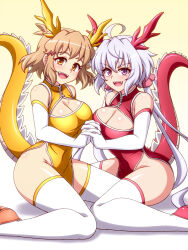 Rule 34 | 2girls, ahoge, animal costume, blonde hair, breasts, brown eyes, brown footwear, center opening, china dress, chinese clothes, cleavage, commission, detached sleeves, dragon costume, dragon horns, dragon tail, dress, fake horns, fake tail, fangs, from side, groin, hair ribbon, holding hands, horns, large breasts, looking at viewer, matching outfits, multiple girls, no panties, open mouth, purple eyes, red dress, red footwear, red ribbon, ribbon, senki zesshou symphogear, sitting, smile, tachibana hibiki (symphogear), tail, teeth, thighhighs, wariza, white hair, white thighhighs, yellow background, yellow dress, yukine chris, zetsumu