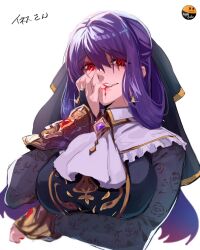 Rule 34 | 1girl, bleeding, blood, breasts, character request, commentary, highres, large breasts, long hair, looking at viewer, magmastudio, nail polish, purple hair, red eyes, red nails, simple background, solo, white background
