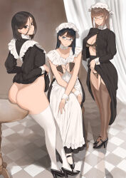 Rule 34 | 3girls, ass, black hair, bra, breasts, chair, clothes lift, commentary, glasses, high heels, highres, indoors, light brown hair, long hair, looking at viewer, maid, medium breasts, multiple girls, original, panties, short hair, sitting, table, thick thighs, thighhighs, thighs, thong, throtem, underwear