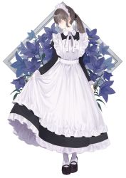 Rule 34 | 1girl, apron, black dress, black ribbon, blush, brown hair, closed eyes, closed mouth, collared dress, commentary request, dress, floral background, flower, frilled apron, frilled dress, frills, full body, hair ribbon, highres, juliet sleeves, long hair, long sleeves, maid, maid apron, maid headdress, mary janes, original, pantyhose, picture frame, pinafore dress, ponytail, puffy sleeves, purple flower, ribbon, shii (kairi-t-k0317), shoes, simple background, sleeveless dress, sleeves past wrists, solo, standing, white apron, white background, white pantyhose, white ribbon