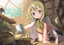 1girl :o arm_support blue_eyes cloneko_(zelmeledf2) commentary_request commission green_hair hair_between_eyes highres indoors kneeling long_hair open_mouth original signature skeb_commission solo very_long_hair watering_can