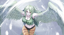 Rule 34 | 1girl, bare shoulders, bird tail, breasts, cleavage, clothes writing, commentary, crop top, english commentary, feathered wings, feathers, green hair, harpy, highres, large breasts, long hair, looking at viewer, midriff, monet (one piece), monster girl, navel, one piece, pantyhose, smile, snow, solo, striped clothes, striped pantyhose, tail, taku (user fhus8258), tank top, tongue, tongue out, winged arms, wings, yellow eyes