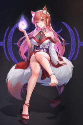 Rule 34 | 1girl, absurdres, animal ears, anklet, bare shoulders, barefoot, bell, blush, breasts, choker, cleavage, dorsiflexion, feet, floating, fox ears, fox girl, fox tail, full body, hair ornament, high heels, highres, hitodama, japanese clothes, jewelry, jingle bell, knee up, large breasts, legs, long hair, mangshe jiao, multicolored hair, orange hair, original, pink hair, priestess, red eyes, red hair, ribbon, sandals, see-through, see-through shirt, shadow, sitting, solo, tail, toes