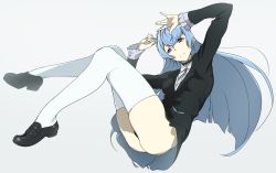 Rule 34 | 10s, 1girl, absurdres, arms up, ass, black panties, blue eyes, blue hair, breasts, full body, highres, kiznaiver, loafers, long hair, matching hair/eyes, panties, q (ed69), shoes, simple background, skirt, small breasts, solo, sonozaki noriko, thighhighs, underwear, white background, white thighhighs