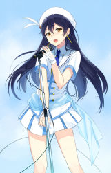 Rule 34 | 10s, 1girl, black hair, earrings, fingerless gloves, gloves, hat, jewelry, long hair, love live!, love live! school idol project, microphone, microphone stand, open mouth, sasamori tomoe, skirt, solo, sonoda umi, wonderful rush, yellow eyes