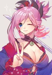 Rule 34 | :3, asymmetrical hair, blue eyes, breasts, choker, cleavage, fate/grand order, fate (series), floral print, hair ornament, japanese clothes, katana, large breasts, long hair, long sleeves, magatama, miyamoto musashi (fate), miyamoto musashi (third ascension) (fate), one eye closed, over shoulder, pink hair, ponytail, renka (sutegoma25), sash, simple background, solo, sword, sword over shoulder, unsheathed, v, weapon, weapon over shoulder