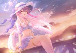 Rule 34 | 1girl, absurdres, alternate costume, bikini, blue archive, blue skirt, blush, breasts, cleavage, cloud, cloudy sky, commentary, cross, cross earrings, earrings, feathered wings, feet out of frame, halo, halterneck, hat, highres, jewelry, legs, long hair, looking at viewer, low wings, medium breasts, midriff, mika (blue archive), miniskirt, mountainous horizon, navel, open mouth, outdoors, pink hair, pink halo, pleated skirt, purple hat, rieatco, scrunchie, sitting, skirt, sky, smile, solo, sunset, swimsuit, thigh strap, thighhighs, white bikini, white wings, wing ornament, wings, wrist scrunchie, yellow eyes