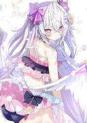 Rule 34 | 1girl, absurdres, ass, azusa (blue archive), azusa (swimsuit) (blue archive), bikini, blue archive, blush, feathered wings, flower, frilled bikini, frills, grey hair, hair flower, hair ornament, hair ribbon, halftone, halo, highres, kamiya mitobe, looking at viewer, looking back, multicolored bikini, multicolored clothes, pink eyes, ribbon, solo, swimsuit, white wings, wings