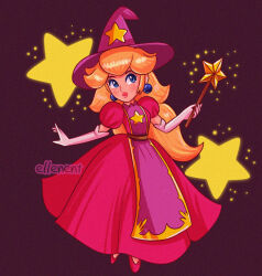 Rule 34 | 1girl, alternate costume, artist name, blonde hair, dress, elbow gloves, ellenent, full body, gloves, hat, high heels, holding, holding wand, lips, mario (series), mario party, mario party 2, nintendo, official alternate costume, parted lips, pink dress, pink lips, princess peach, purple background, red footwear, solo, sparkle, star (symbol), wand, white gloves, witch hat